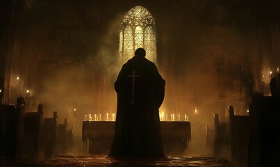 A hooded figure stands before a lit altar.