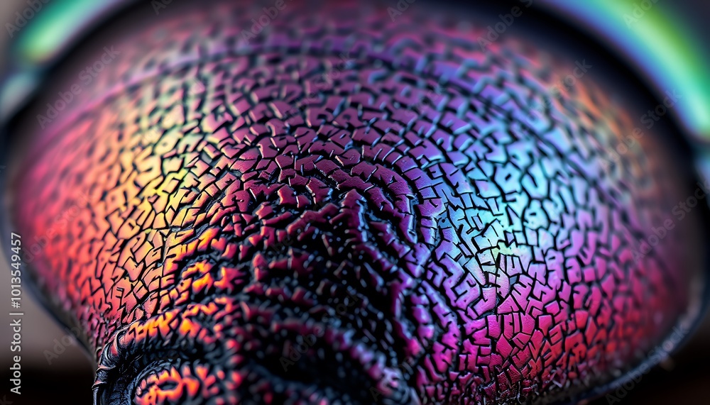 Poster a close-up of a beetle’s exoskeleton reveals a mesmerizing pattern of iridescent colors and intricat