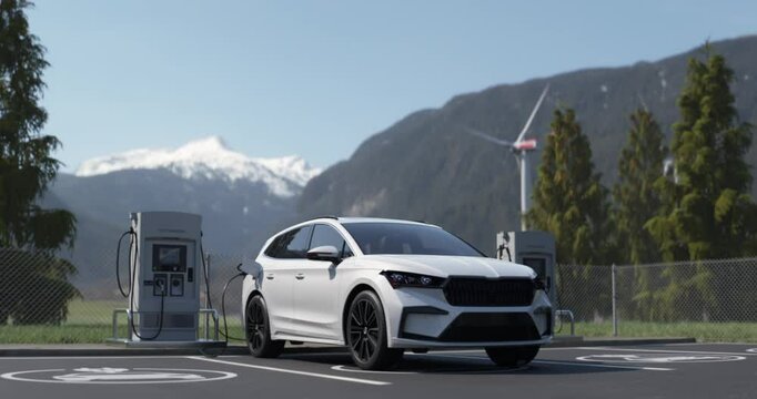 An electric vehicle recharges at a scenic charging station