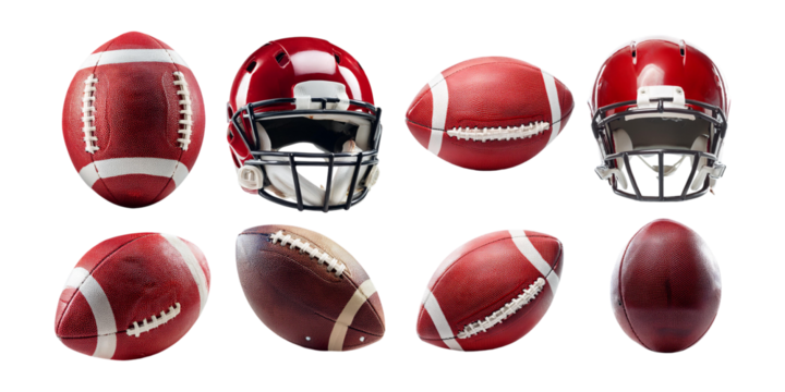 Rugby ball and red helmet with facemask, set collection, mega bundle, isolated on transparent background - Powered by Adobe