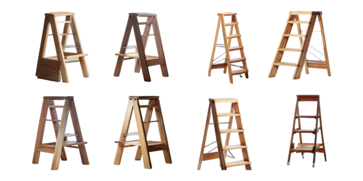 Wooden ladder, tall stair with stand for tray, set collection, mega bundle, isolated on transparent background