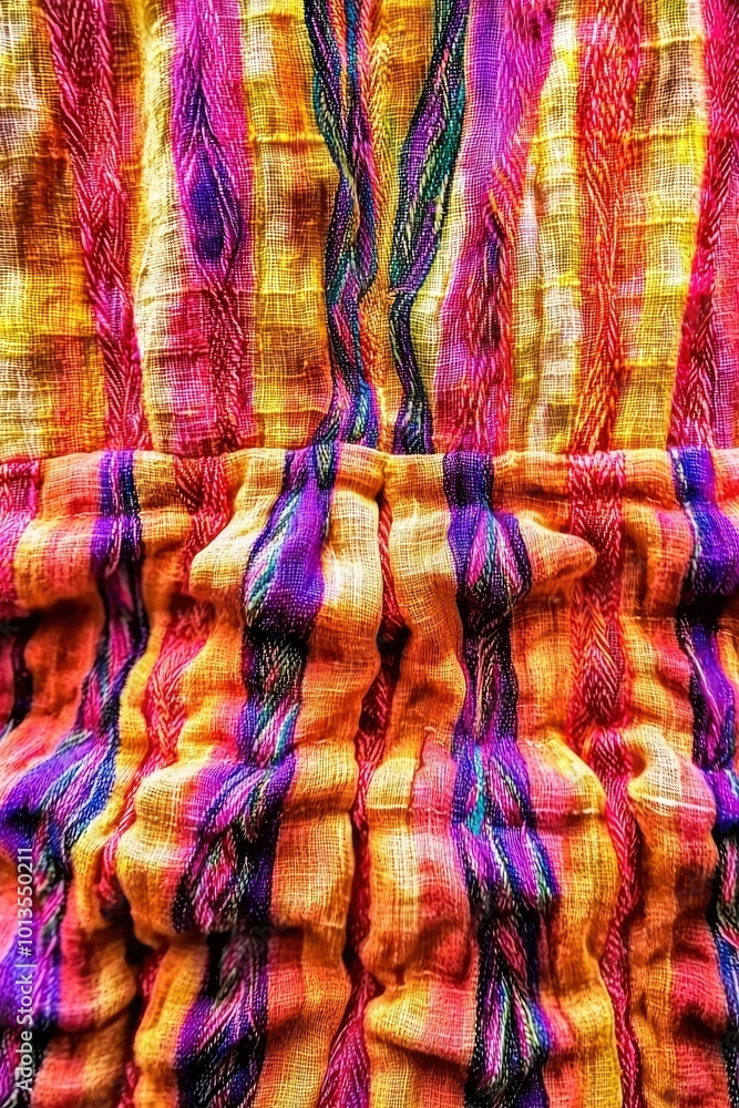 Poster abstract close-up of wrinkled multicolored fabric with striped pattern