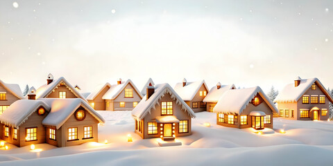 Fototapeta premium Peaceful Winter Village - Flat Vector Illustration of Snowy Homes with Glowing Windows and Ample Copy Space for Business Graphics