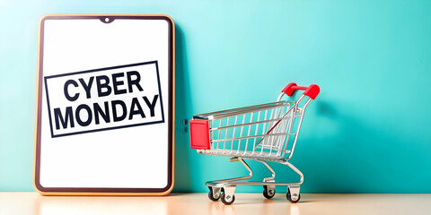 Flat Floating Shopping Cart Icon with Cyber Monday Price Tag Border - Minimalistic Frame Design for Promotions & Advertising - Copy Space for Marketing Text
