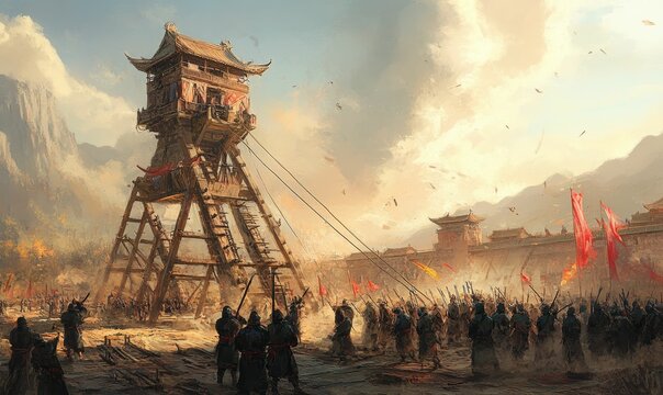 Ancient Chinese siege tower and soldiers.