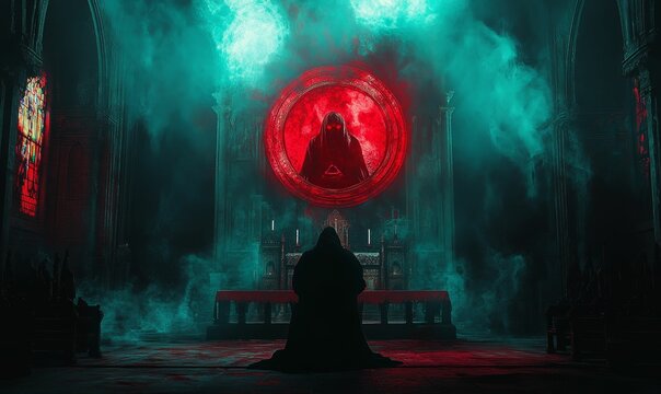 A hooded figure worships a shadowy deity.