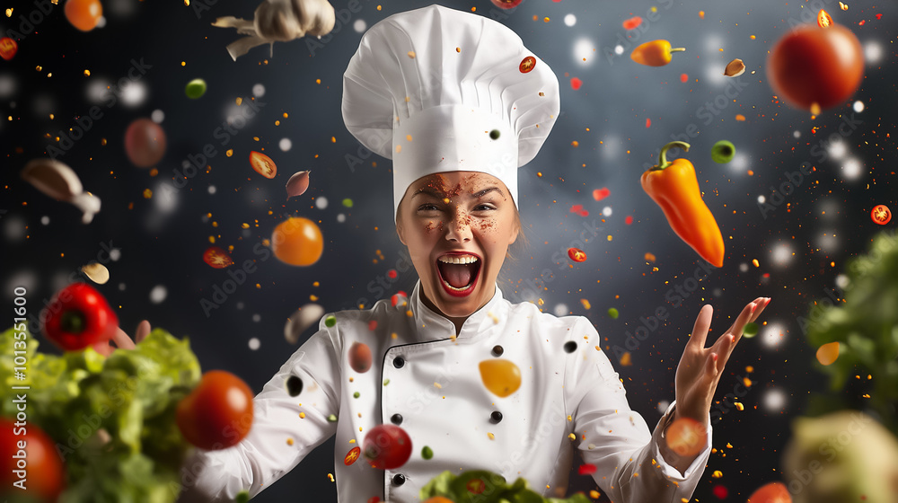 Wall mural a chef with a tall white hat enthusiastically throws an array of colorful vegetables in the air, sho