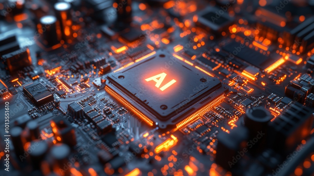 Aufkleber close-up of a printed circuit board featuring an illuminated ai chip.