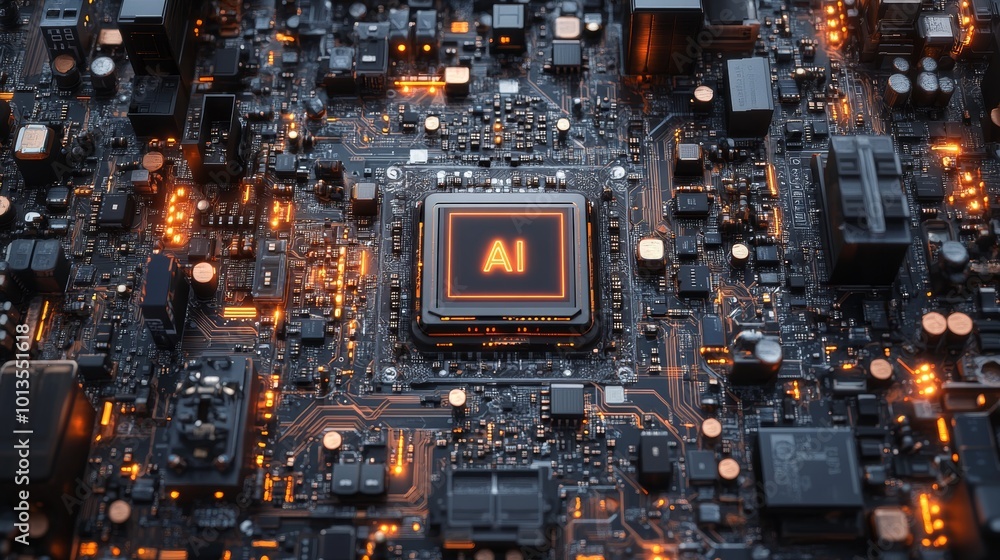 Poster close-up of a circuit board featuring an illuminated ai processor, showcasing advanced technology.