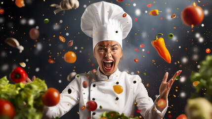 A chef with a tall white hat enthusiastically throws an array of colorful vegetables in the air, showcasing passion for cooking in a lively kitchen atmosphere filled with excitement