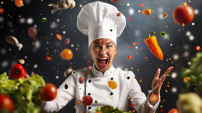 A chef with a tall white hat enthusiastically throws an array of colorful vegetables in the air, showcasing passion for cooking in a lively kitchen atmosphere filled with excitement