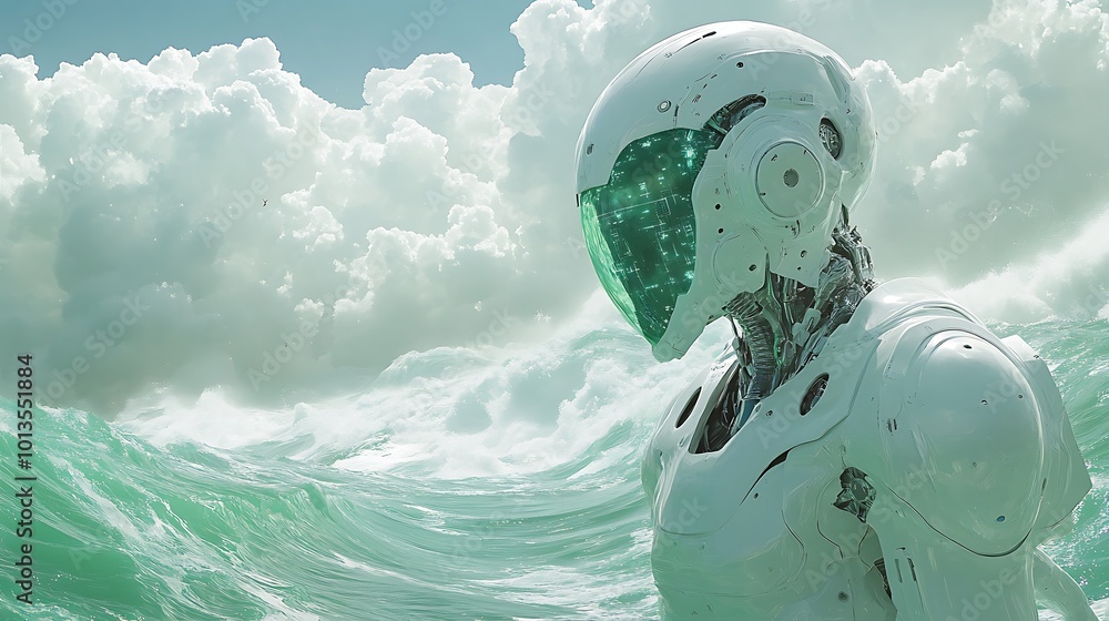 Poster a white robotic figure stands in the ocean with a cloudy sky behind it.