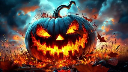 Glowing jack-o'-lantern amidst fiery autumn leaves for halloween celebration