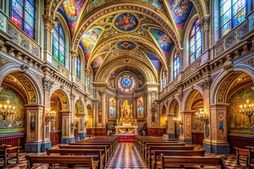 Naklejka premium Elegantly ornate interior of Saint Vincent de Paul chapel in Paris, France, features stunning stained-glass windows, intricate stone carvings, and beautiful ornamental details.