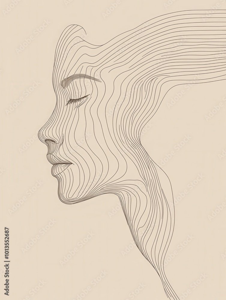 Poster an intricate design features flowing lines that form the elegant profile of a female face against a 