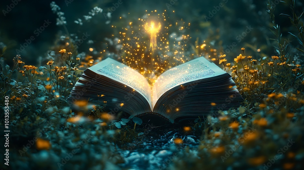 Poster a magical book with glowing light emanating from it, lying open in a field of wildflowers.