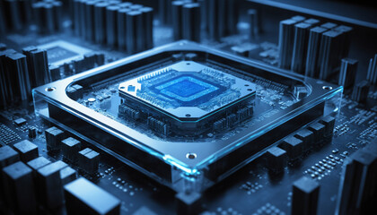 Fototapeta premium High-Tech Microprocessor on a Circuit Board with Illuminated Elements
