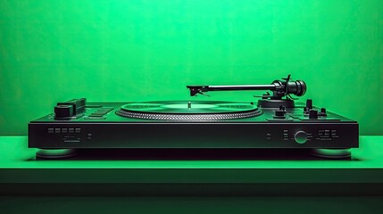 Obraz premium Black Vinyl Turntable Against Vibrant Green Background – Retro Music Technology