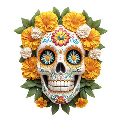 Day of the dead sugar skull with vibrant flowers.