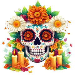 Day of the dead skull adorned with flowers and candles.