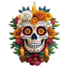 Day of the dead skull with flowers and candles