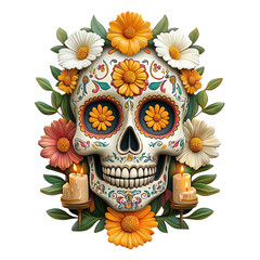 Day of the dead skull with flowers and candles.