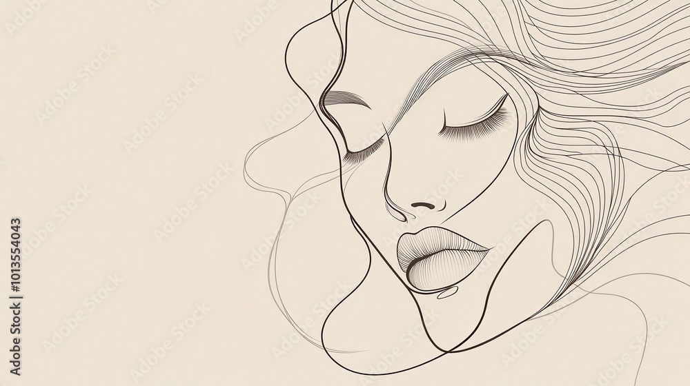 Poster flowing lines form the outline of a female face, highlighting calmness and beauty through minimalist