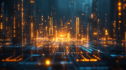 Advanced futuristic technology interface with glowing circuits, AI-driven analytics, and a 3D global network web, set in a digital metropolis skyline