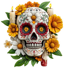 Day of the dead skull with flowers and candles