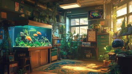 A cozy room with a large fish tank, plants, and a window overlooking a city street.
