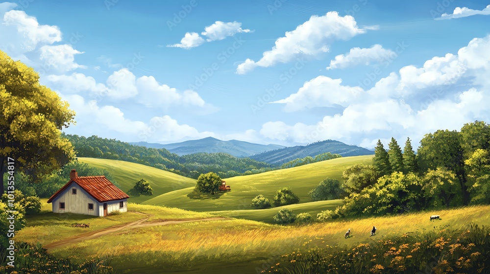 Wall mural A beautiful countryside scene with a small white house on a hill.