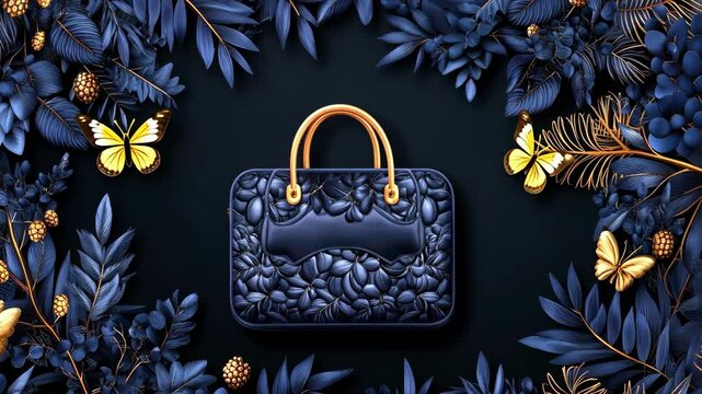 Elegant floral handbag with butterflies surrounded by golden leaves for flash sale design