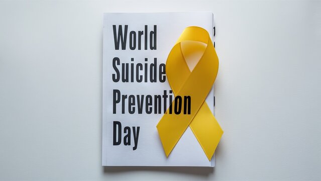 A yellow ribbon accompanies a card stating "World Suicide Prevention Day," promoting awareness and support for mental health initiatives. - Powered by Adobe
