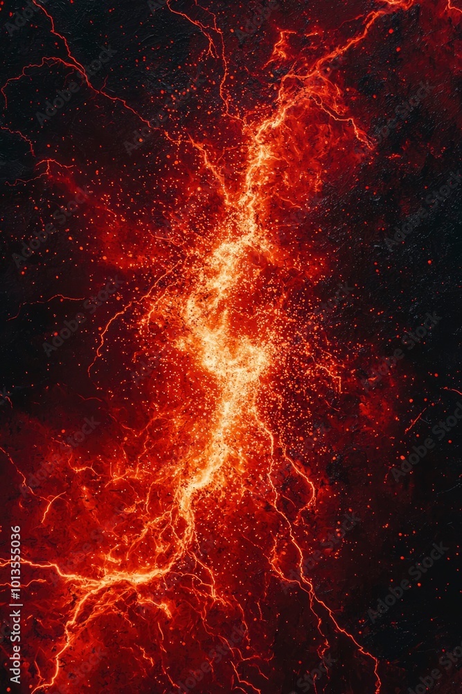 Poster a fiery abstract design with a lightning-shaped structure.