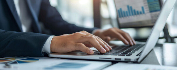A business professional in a suit working on a laptop, analyzing financial charts and graphs. The image showcases a corporate setting focused on data analysis, decision-making, and business strategy