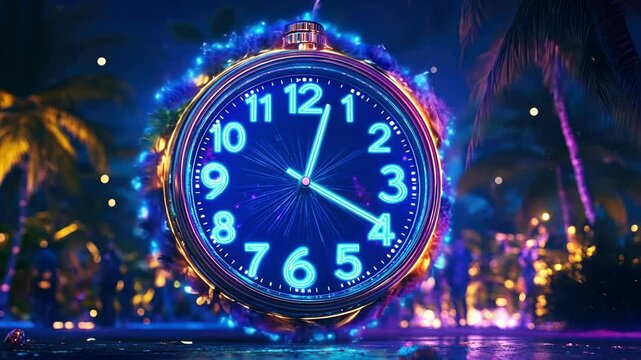 Vibrant midnight countdown with neon clock in tropical night setting