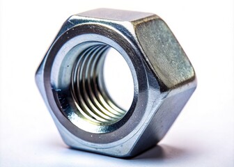 A close-up of a metallic hexagon nut, a sturdy six-sided fastener, showcases its robust design, providing exceptional grip and resistance to torque in construction and mechanical uses.