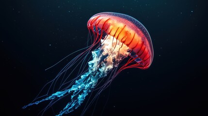 Beautiful, glowing red jellyfish in the dark ocean water, against a dark blue background.