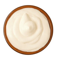 Bowl of Mayonnaise isolated on white background. Sour Cream, Mayonaise, Yogurt  Top view. Flat lay..