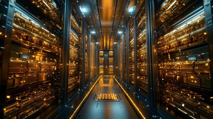 Bird's-eye view of secure vault, endless rows of gold bars illuminated by intense white spotlights, hyperrealism, intricate details, sci-fi vibes, cool blue and warm gold lighting