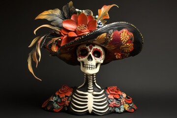 A catrina, a famous Dia de Muertos skeletal figure, in a fancy hat.