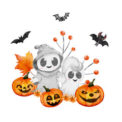Smiling watercolor ghosts, pumpkins with bats. Composition