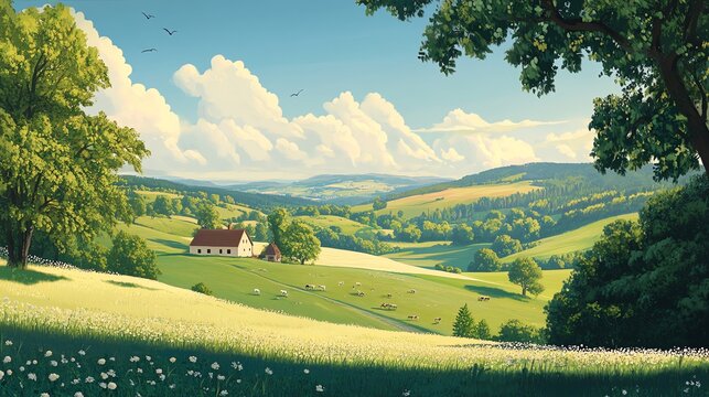A picturesque view of a green valley with a farm house, rolling hills, and a blue sky.