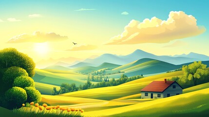 A picturesque landscape with a charming cottage nestled among rolling hills, a bright sky and fluffy clouds, and a sunlit field.