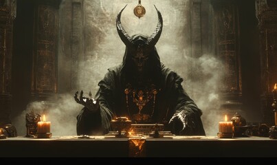 Demonic figure sits before candles in a dark room.