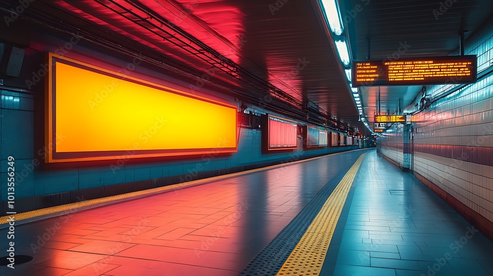 Poster empty subway platform with illuminated advertising space.