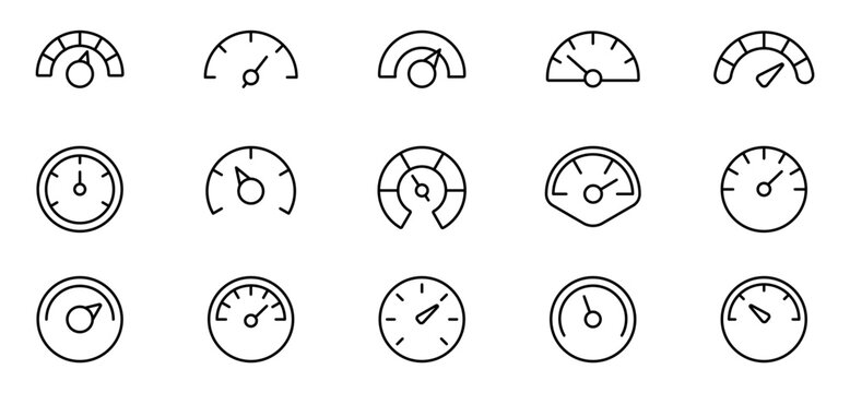 Speedometer icon set. Speed indicator. Gauge, dashboard, tachometer, scale. Speedometer icon with arrow. Editable stroke line icons. Vector illustration.