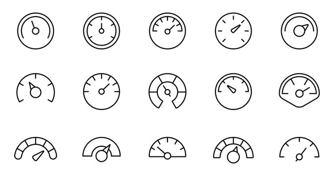 Speedometer icon set. Speed indicator. Gauge, dashboard, tachometer, scale. Speedometer icon with arrow. Editable stroke line icons. Vector illustration.