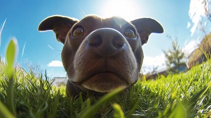 A curious dog peering into the camera with large, expressive eyes, captured at a low angle amidst vibrant green grass against a bright blue sky.