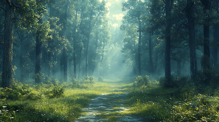 Obraz premium Serene Forest Pathway Surrounded by Lush Greenery